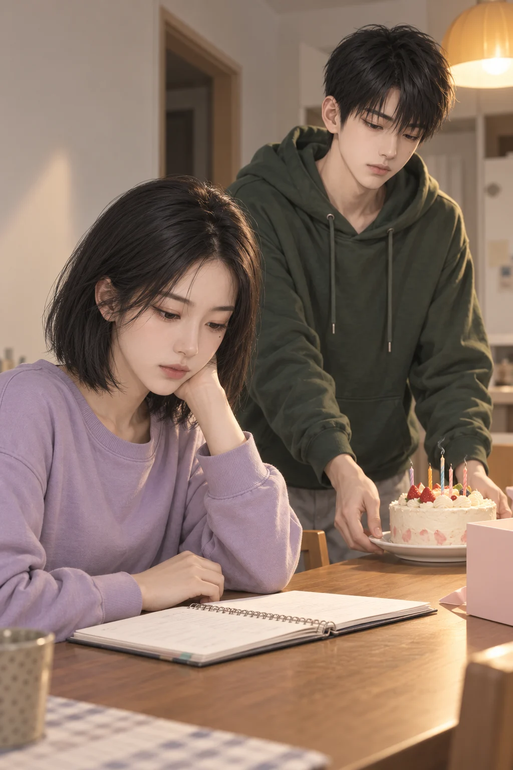 날짜는 빈칸 — 지우가 펼친 노트를 내려다보고, 민재는 케이크 접시를 식탁에 내려놓는다.