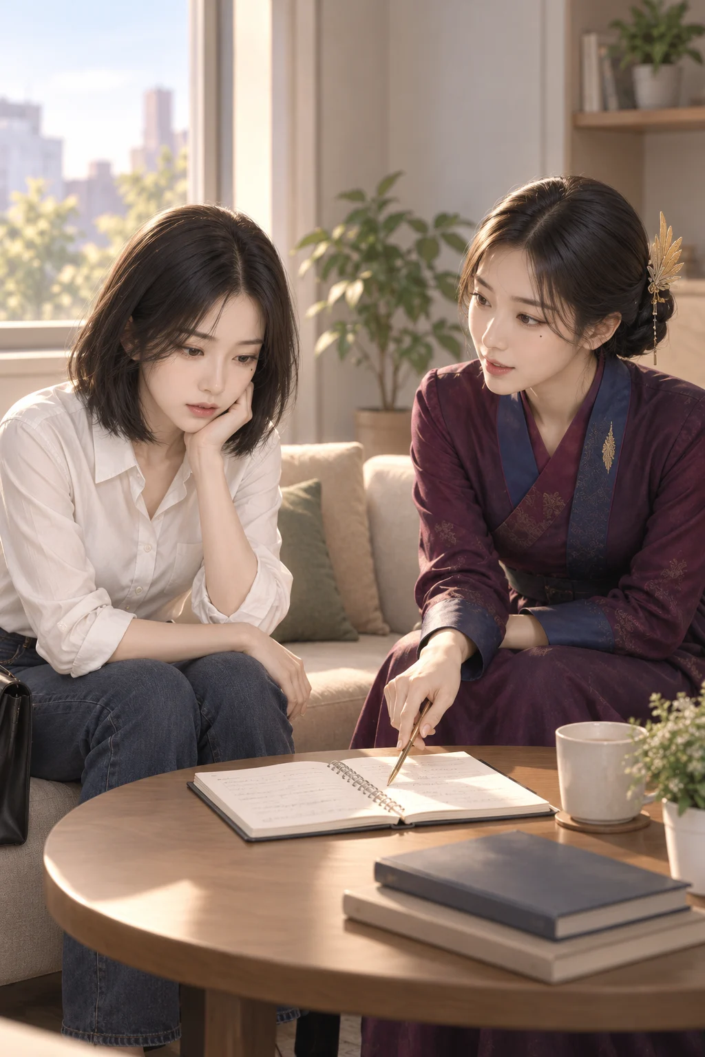 첫 줄의 크기 — 지우가 노트를 펼쳐 놓고, 새벽 학사는 첫 줄을 가리킨다.