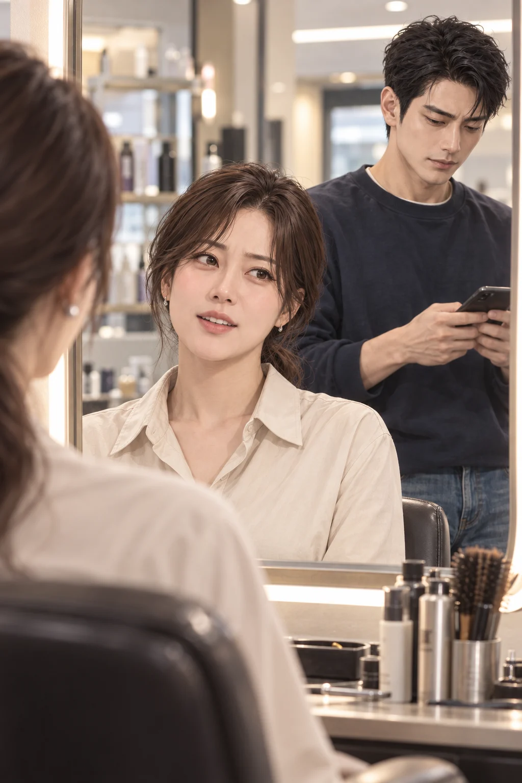 웃음으로 넘겨요 — 지수가 거울 속 도현을 보며 대답한다.