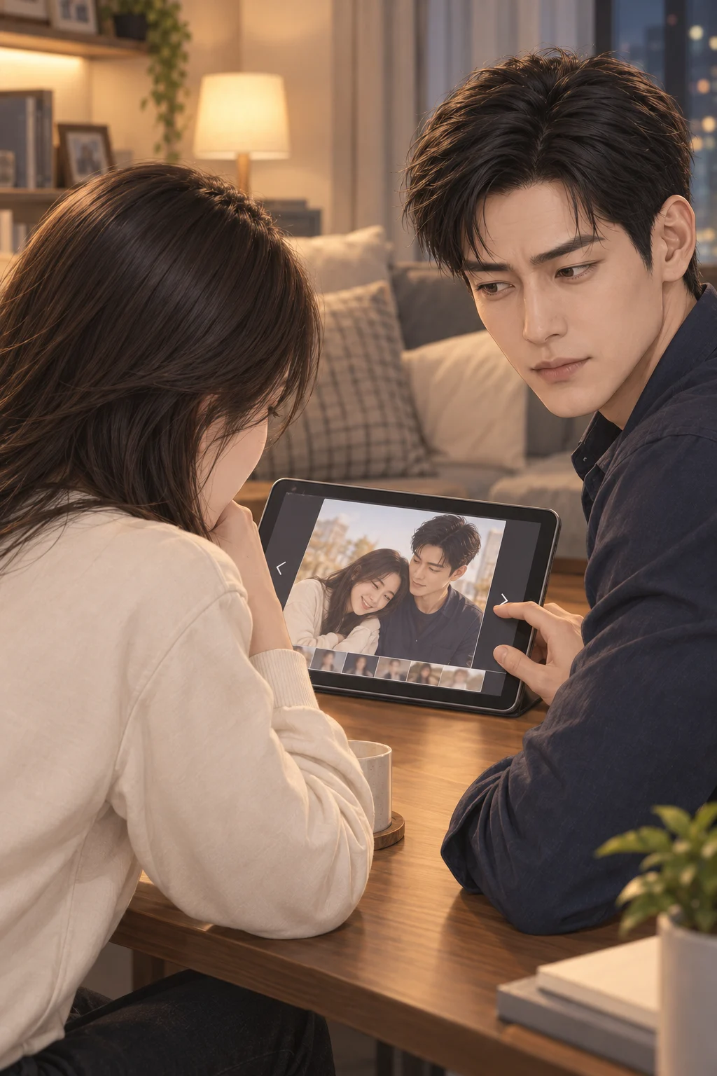 Me in the photos — Minji looks through the photos on the tablet as Jaehyun starts to scroll to the next one.
