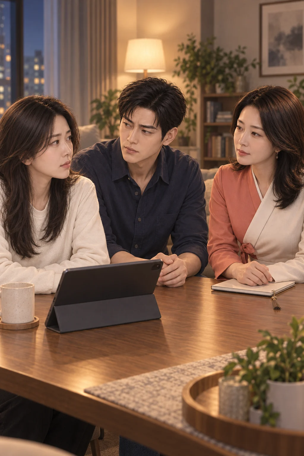 I wish you’d come to me first — Minji looks at Jaehyun by the tablet, the photo still on screen. Haeon listens to them.
