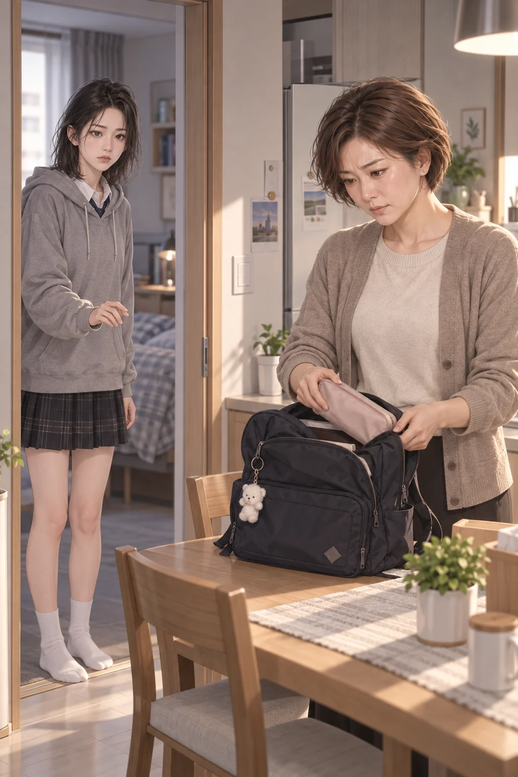 同じ朝です――ママが食卓に置かれたユナのかばんを開け、筆箱を確認します。ユナは寝室の敷居に立ち、かばんへ手を伸ばしかけて止まります。