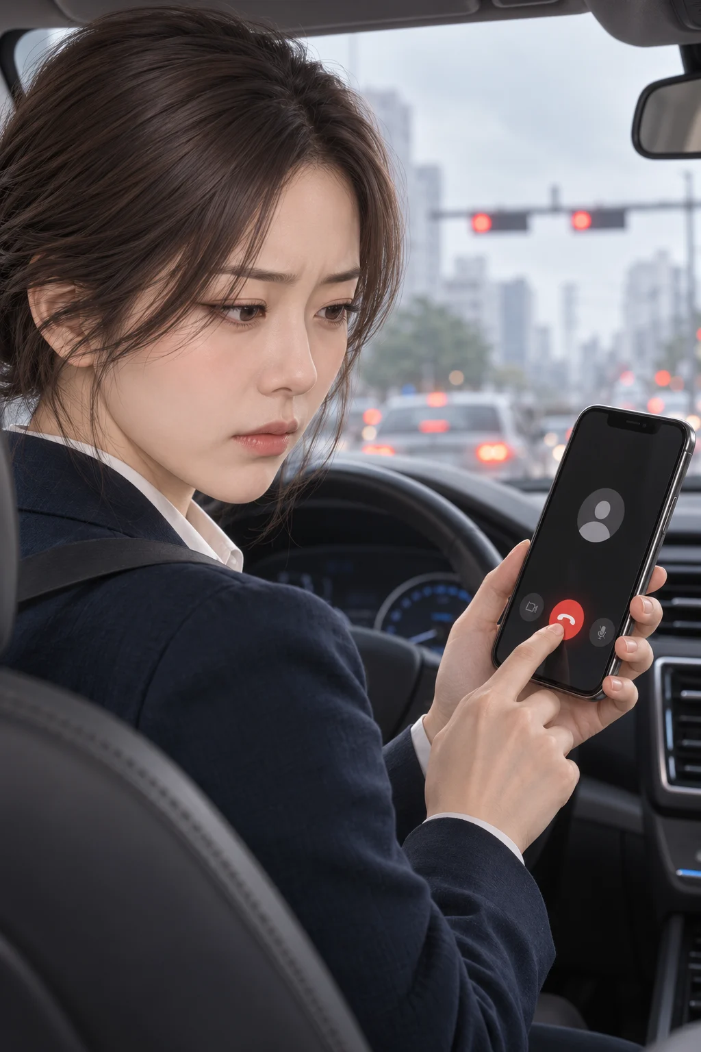通話を切ったあと — ユジンはスマホ画面の通話終了ボタンを押します。