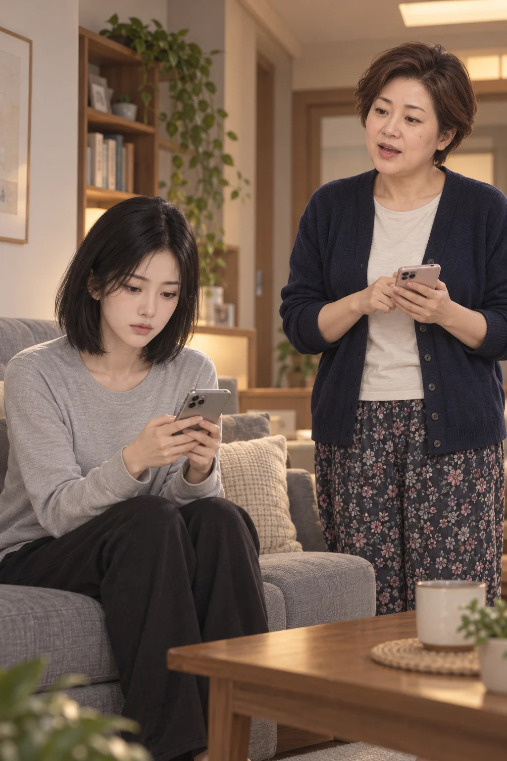 먼저 정해진 주말 — 엄마가 가족 단톡방에 서연의 주말 방문 계획을 알리고, 서연은 소파에 앉아 휴대전화를 본다.
