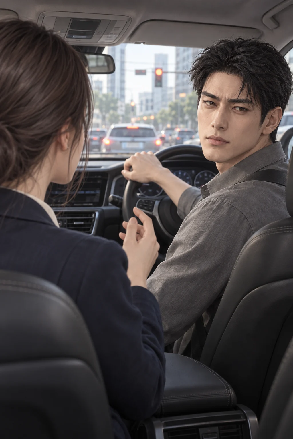 At the light — The car stops at a light, and Yuna turns toward Minsu to speak.
