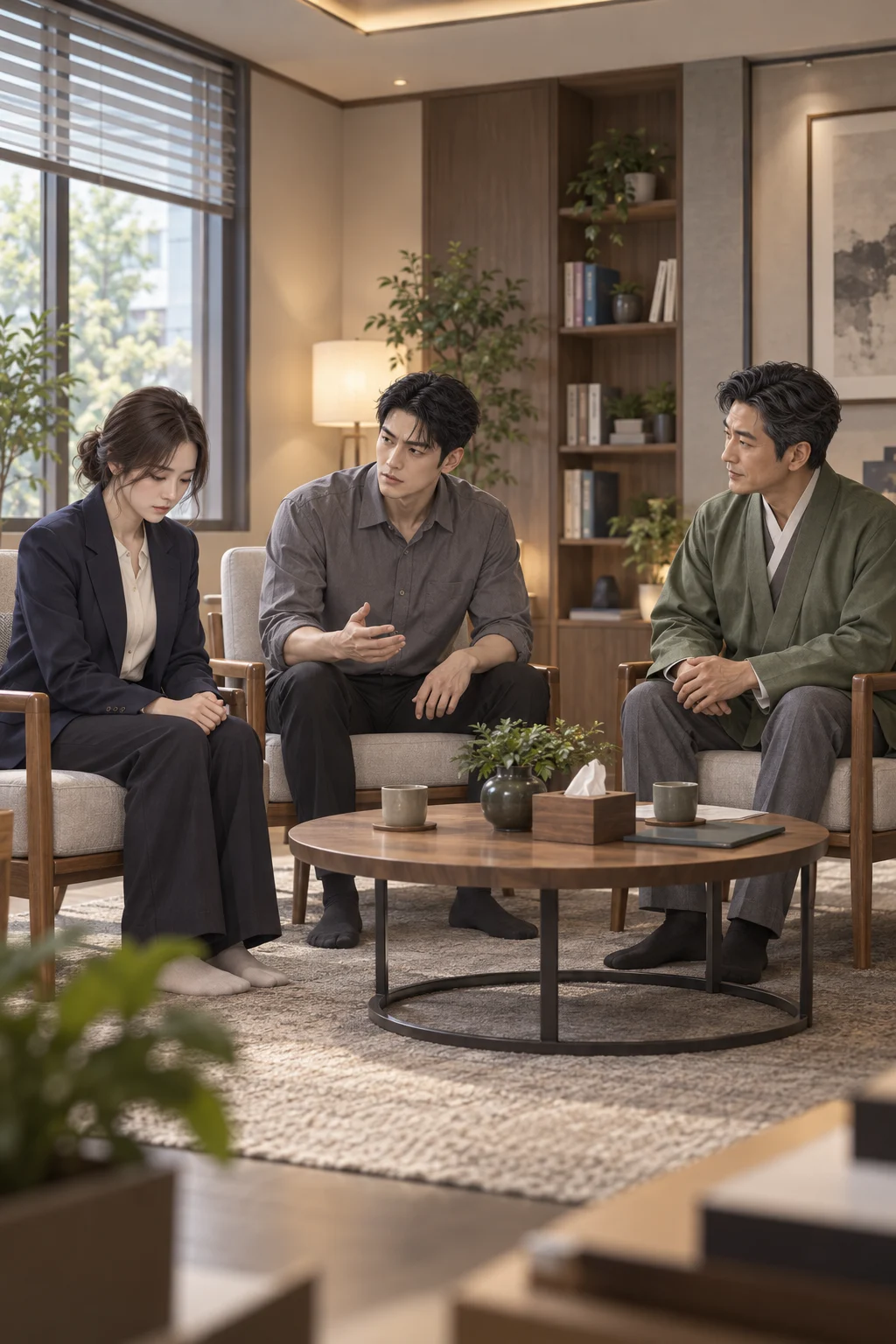 Two different childhoods — In the counseling room, Minsu talks about his childhood. Yuna listens with her head lowered, while Cheongun looks from one to the other.