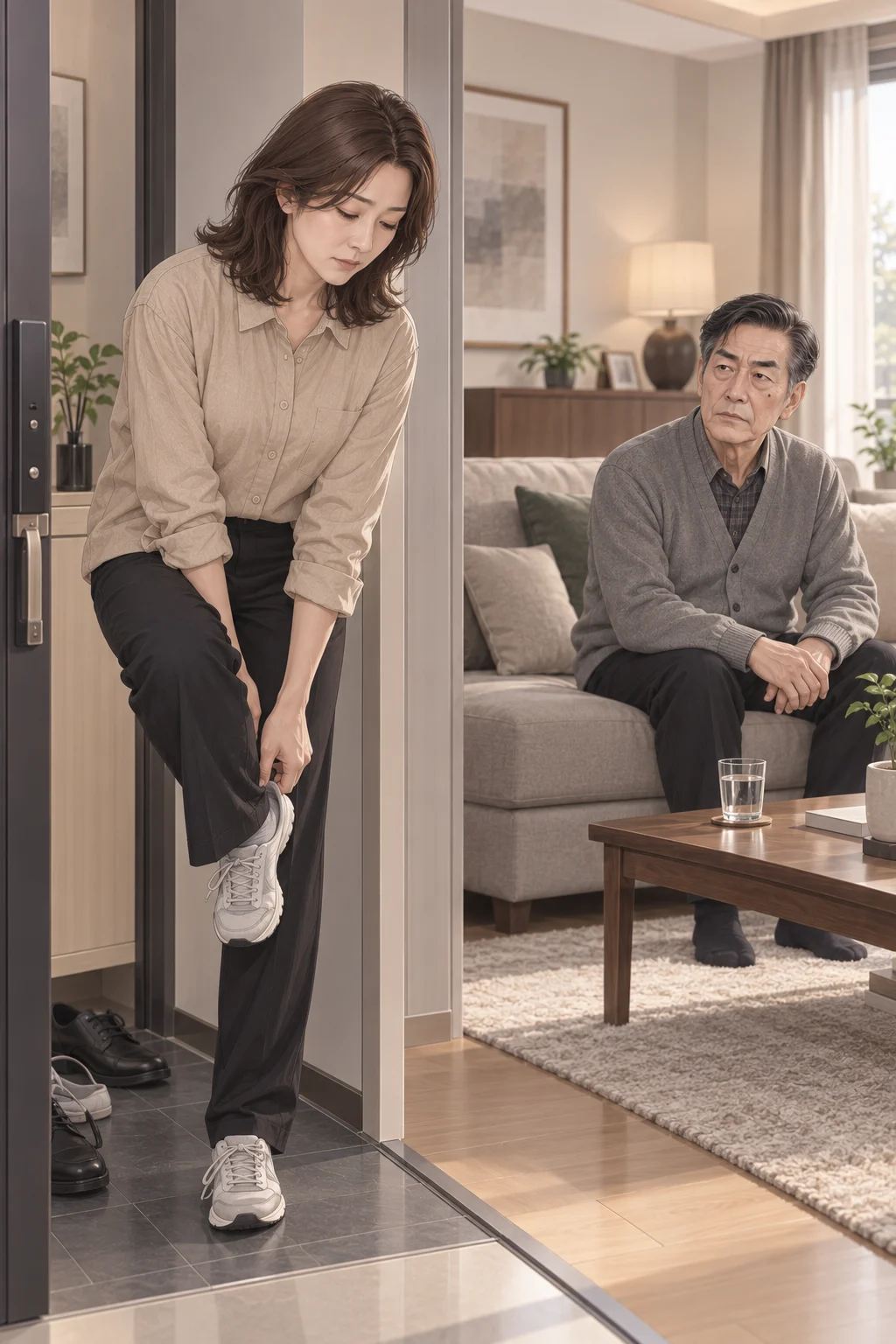 靴を脱いだ午前 — ミナは靴を履いたまま玄関に立っていましたが、父親の呼ぶ声を聞いて靴を脱ぎます。父親はソファに座り、水の入ったコップが置かれた低いテーブルを見ています。