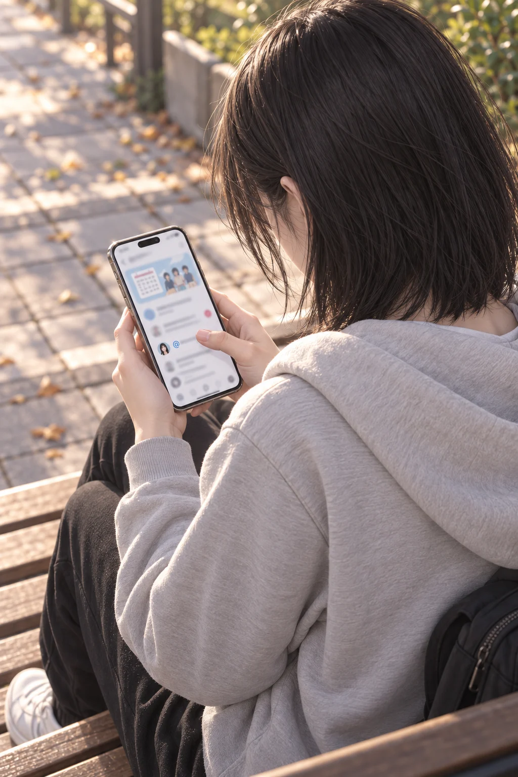 I Thought It Was Gone — Sujin starts to close the chat with her right thumb, then stops and supports the bottom of the phone with her left hand as she opens the notice again.
