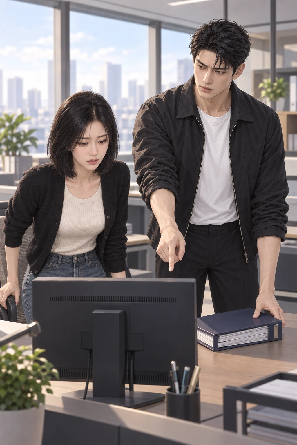 Work without explanation — Team Leader Minseok sets a client file on Jian's desk and points to her monitor.