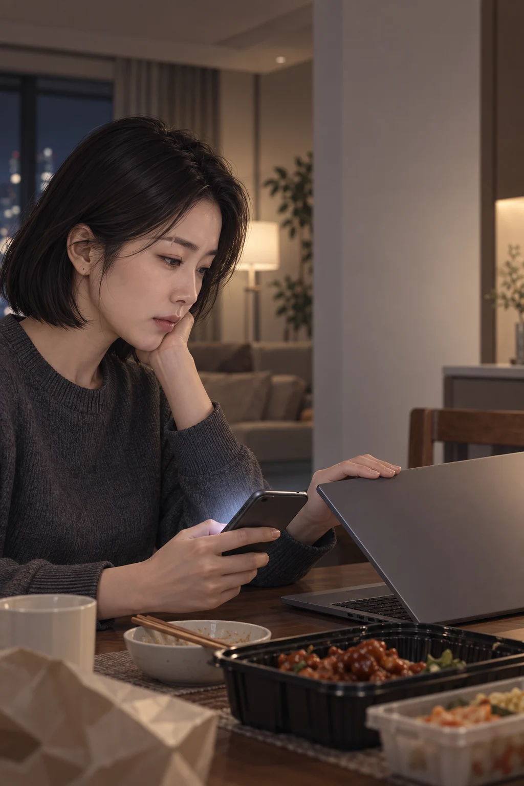 03・また来た同じ頼み―ジアがノートパソコンの仕事ファイルを閉じようとして、手を止める。スマートフォンの通知には、今回は個人メールのアカウントまでつないでほしいという頼みが表示されているが、カメラはジアの横顔と手を中心に捉える。