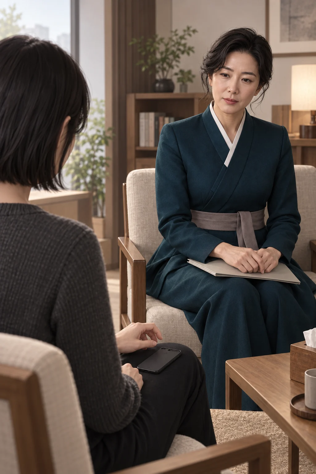02・手が先に止まった場所―ジアが伏せたスマートフォンをもう一度手に取ろうとして、指を引っ込める。スホ先生は画面を見るよう急かさず、ジアの手が止まった場所を尋ねる。