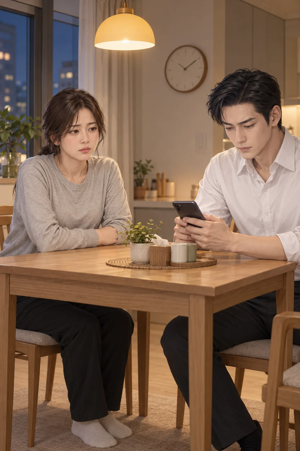 夕食どきのお願い — ミンジェは食卓に座り、スマホを見ながらソユンの話を聞いている。ソユンは向かいの椅子に座っている。