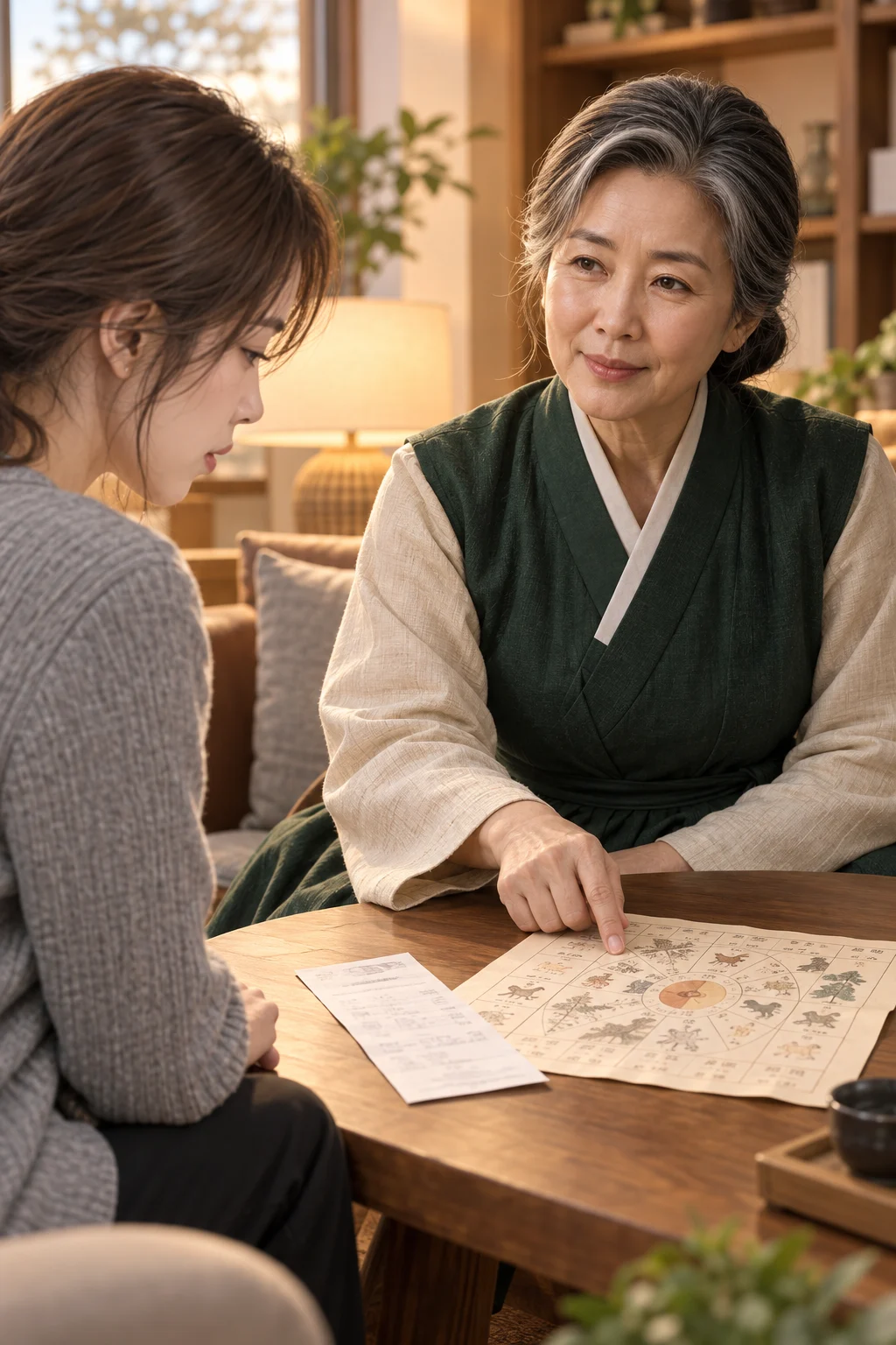 A Day on Paper — The mansin lays out a page with today's almanac on the table and shows it to Jisu.