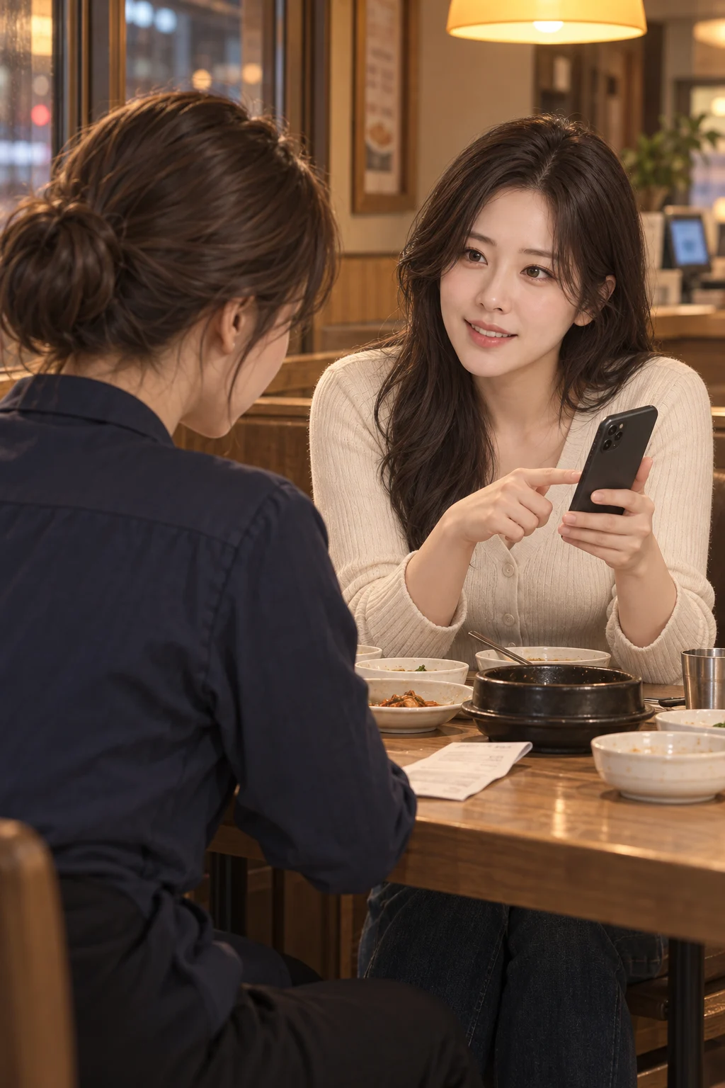 Another Dinner Planned — Mina looks up a restaurant for next time on her phone and shows Jisu.