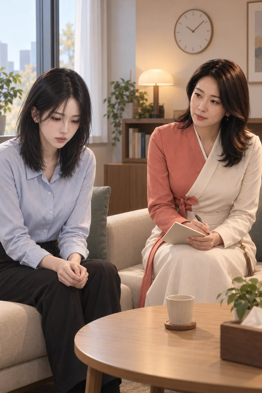 One thing left unsaid — Jimin stops speaking. After waiting a moment, Haeon asks a brief question.