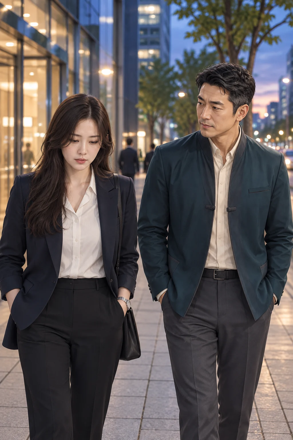 보고를 끝낸 사람 — 민지가 퇴근길 인도에서 백호 선생과 나란히 걸으며 태훈의 일을 대신 끝냈다고 말한다.