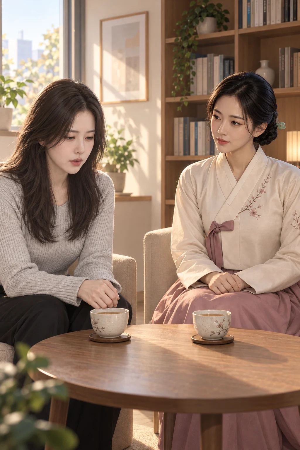 The Words Still Swallowed — Sujin looks at the teacup on the table and falls silent. Yeonhwa looks at her.