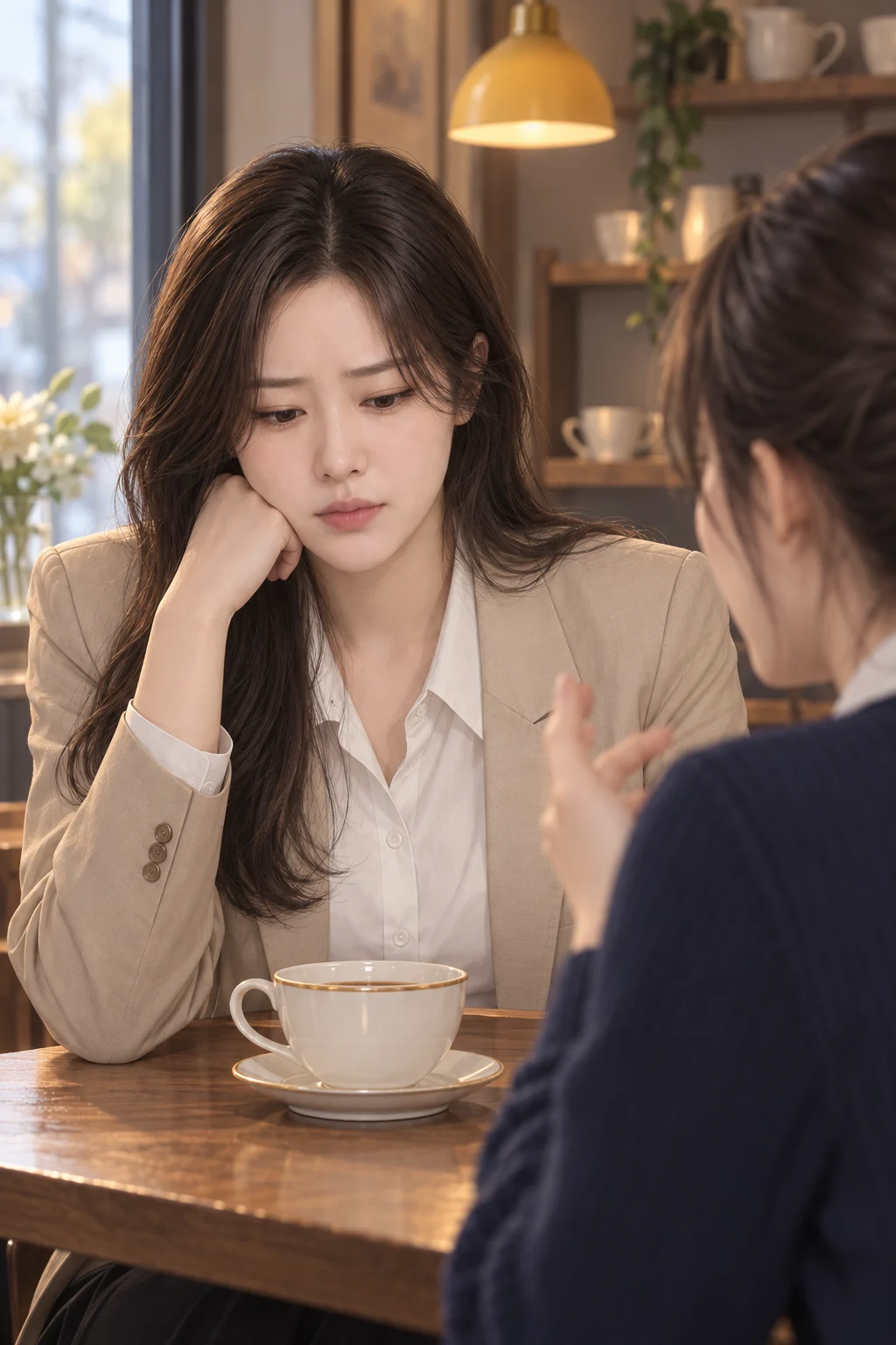 Silence Behind the Smile — Sujin looks at the rim of her teacup, then falls silent as she listens to Yuna.