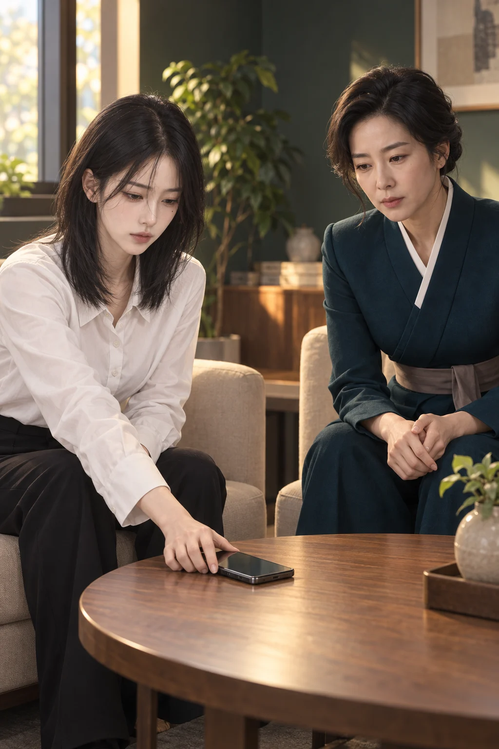 화면을 보여 줘요 — 지민이 아버지의 질문이 뜬 휴대전화를 탁자 위로 밀어 보여 줘요.