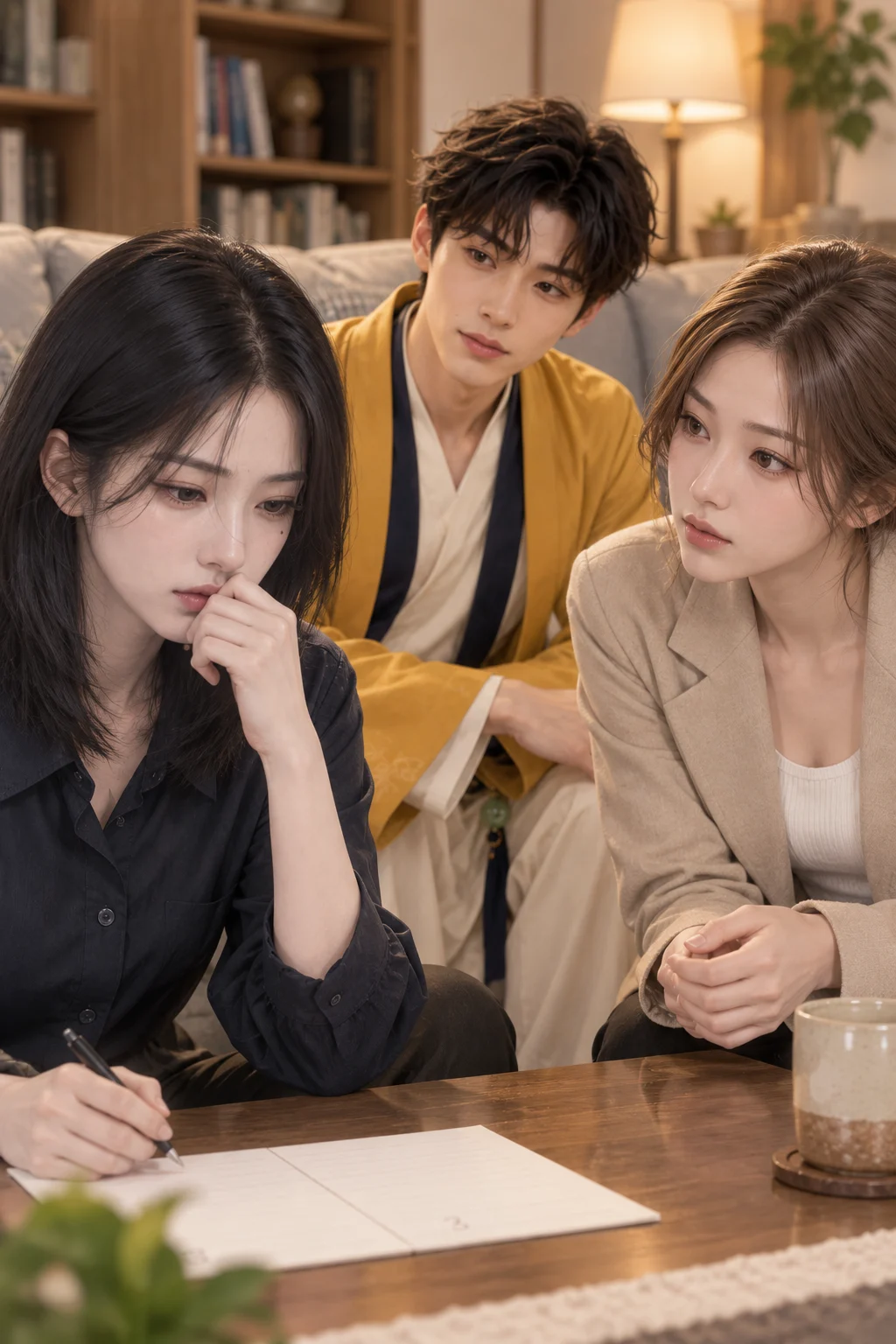 Words she hasn’t written yet — Jiwoo stops speaking in front of the paper. Her sister looks at her and asks a question, while Golden Child listens quietly.