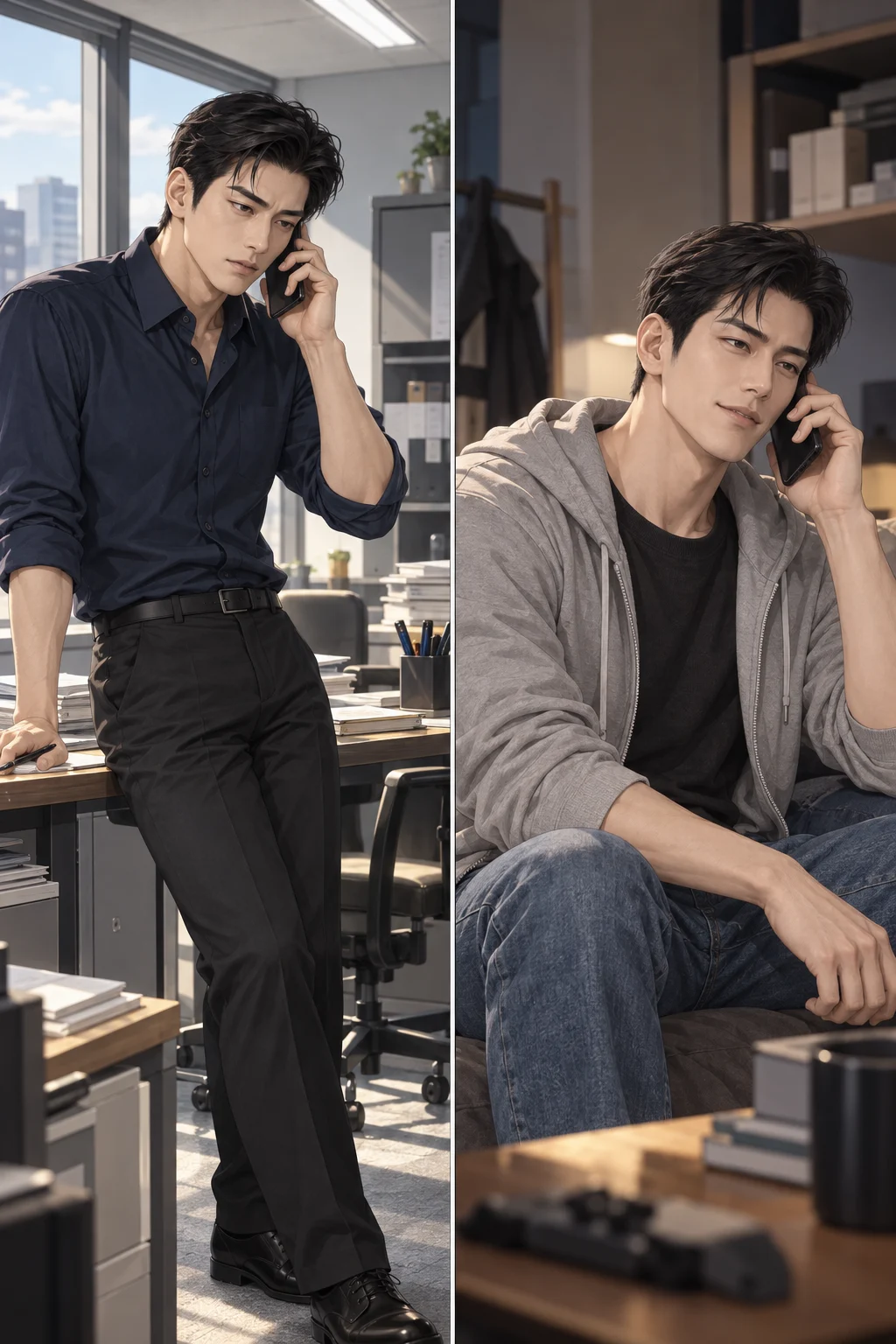 형의 한마디 — 태훈이 민규와 통화하며 책상 가장자리에 기대 선다.