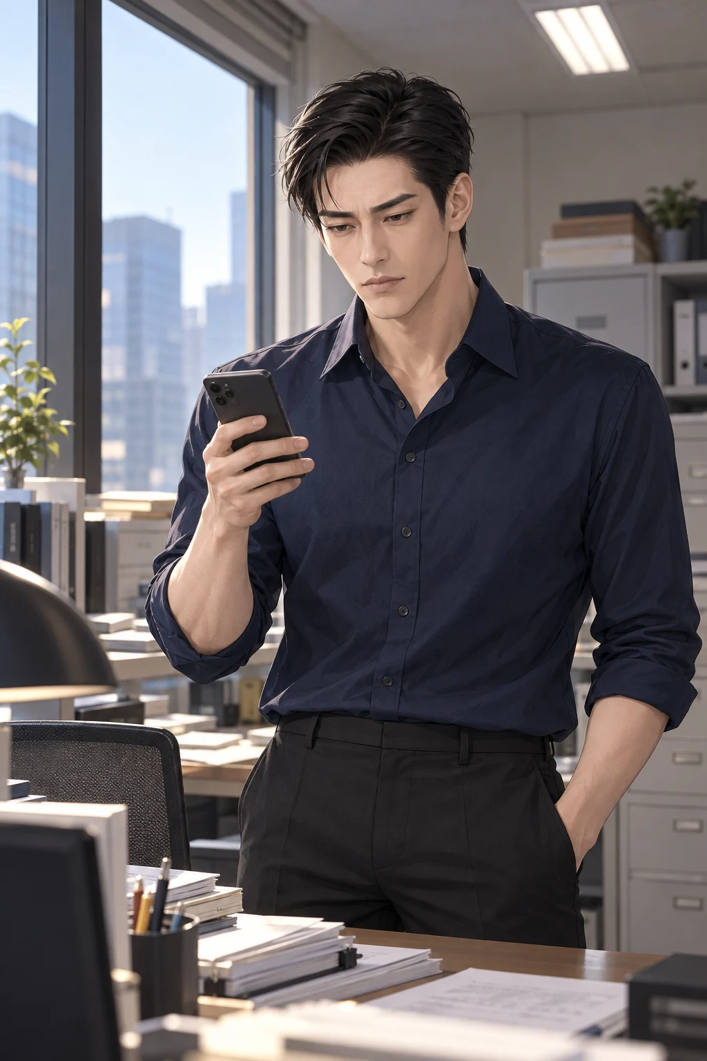 부탁이 온 오후 — 책상 앞에 선 태훈이 휴대전화의 부탁 메시지를 읽는다.